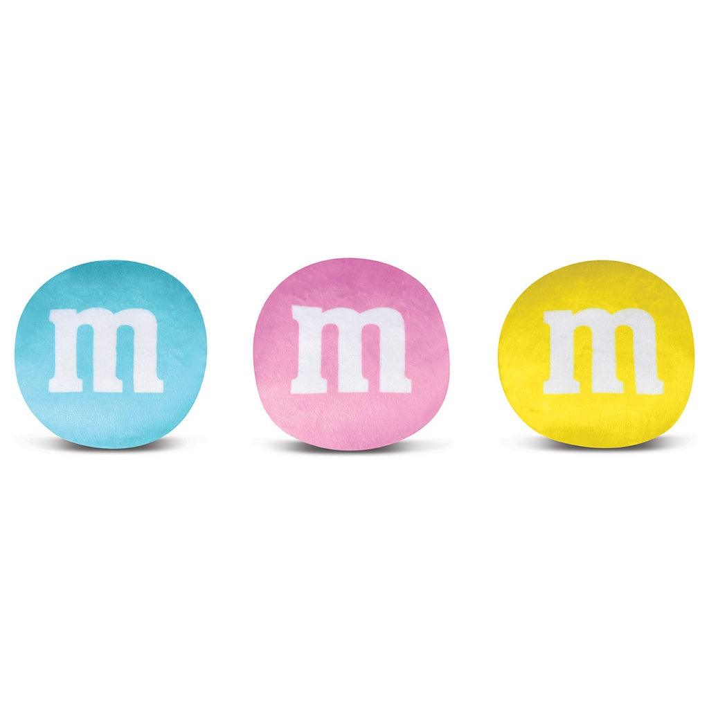 plush m and m candies: pink, yellow and blue. all three come in the packaging. 