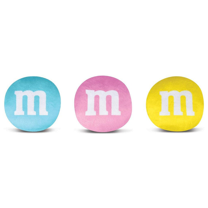 plush m and m candies: pink, yellow and blue. all three come in the packaging. 