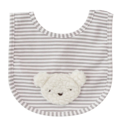 gray and white striped bib with ivory sherpa teddy bear face on the front