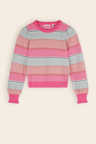 Kamelie Cotton Striped Sweater in Pinks and Greens with detailing at the cuff.