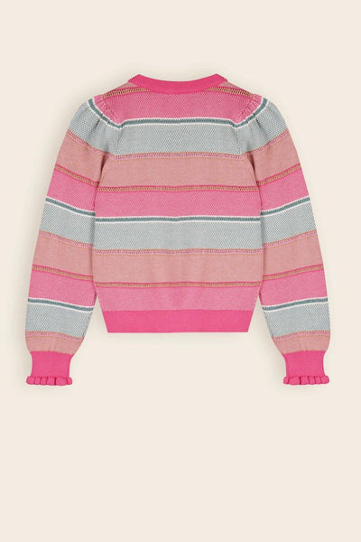 Back of Kamelie Cotton Striped Sweater in Pinks and Greens with detailing at the cuff.