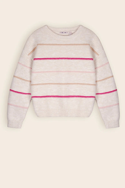 Nono Kendra Soft Knitted Stripe Crewneck Sweater with Pink and Tan stripes in Ivory Colorway.