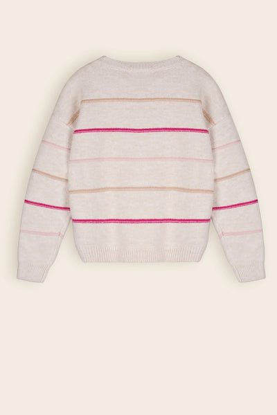 Nono Kendra Soft Knitted Stripe Crewneck Sweater with Pink and Tan stripes in Ivory Colorway.