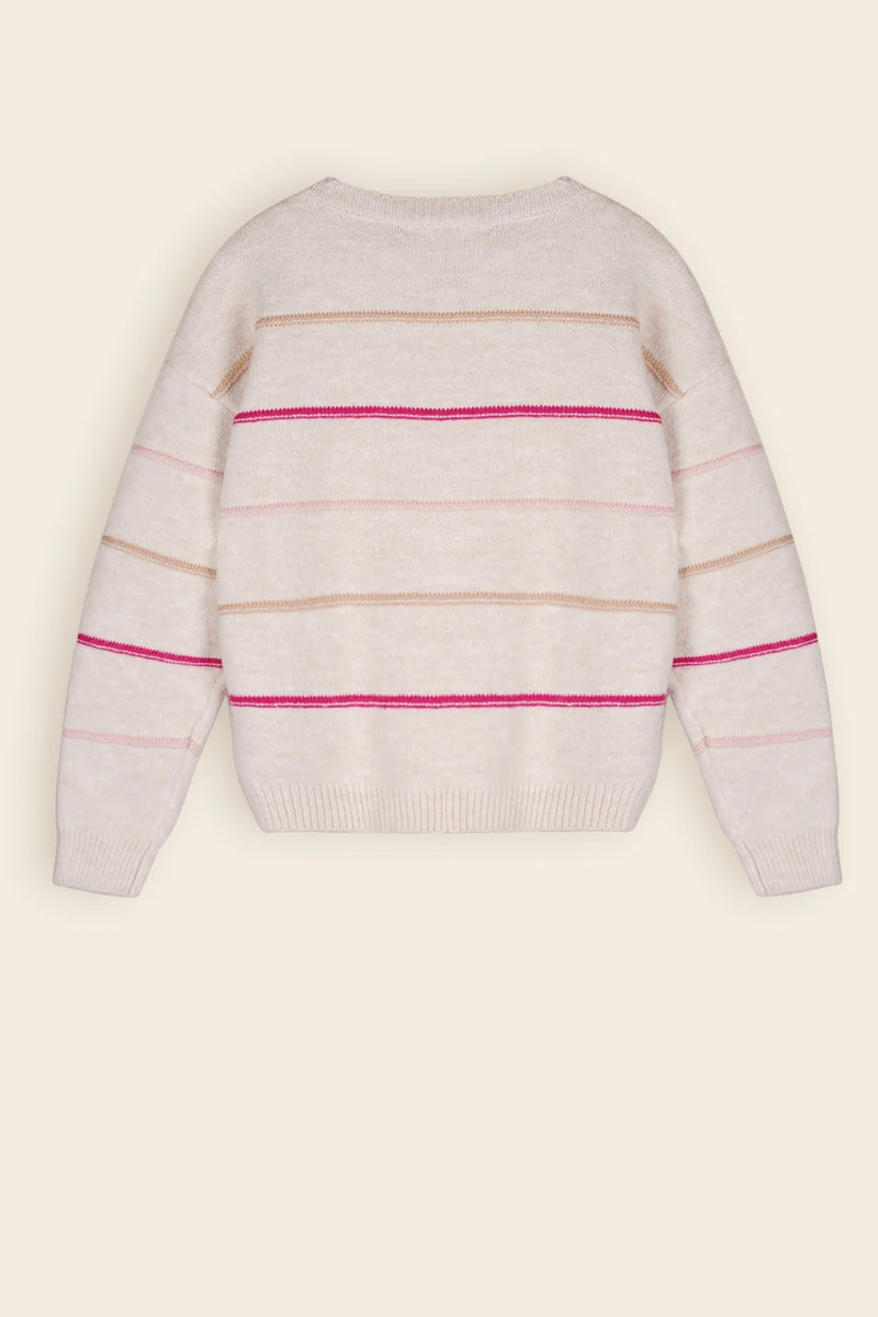 Nono Kendra Soft Knitted Stripe Crewneck Sweater with Pink and Tan stripes in Ivory Colorway.