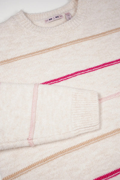 Nono Kendra Soft Knitted Stripe Crewneck Sweater with Pink and Tan stripes in Ivory Colorway.