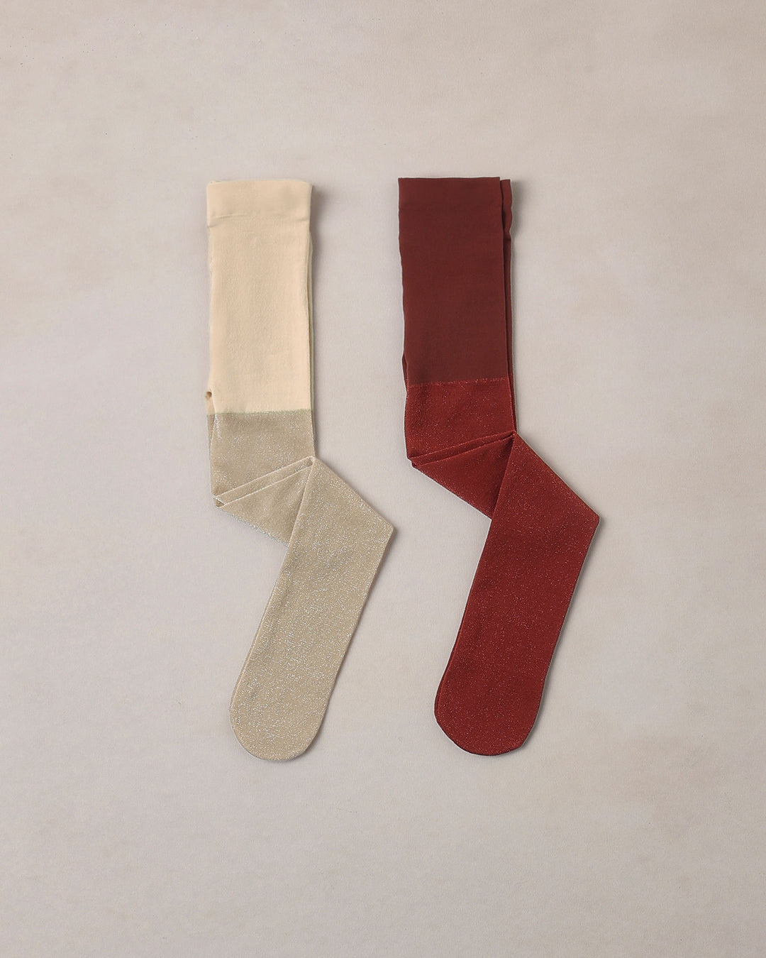 shimmer tights in champagne color and ruby red 