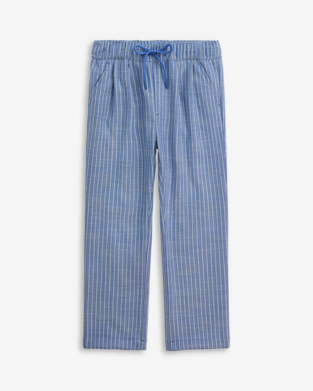 Blue striped pants with a drawstring on a white background