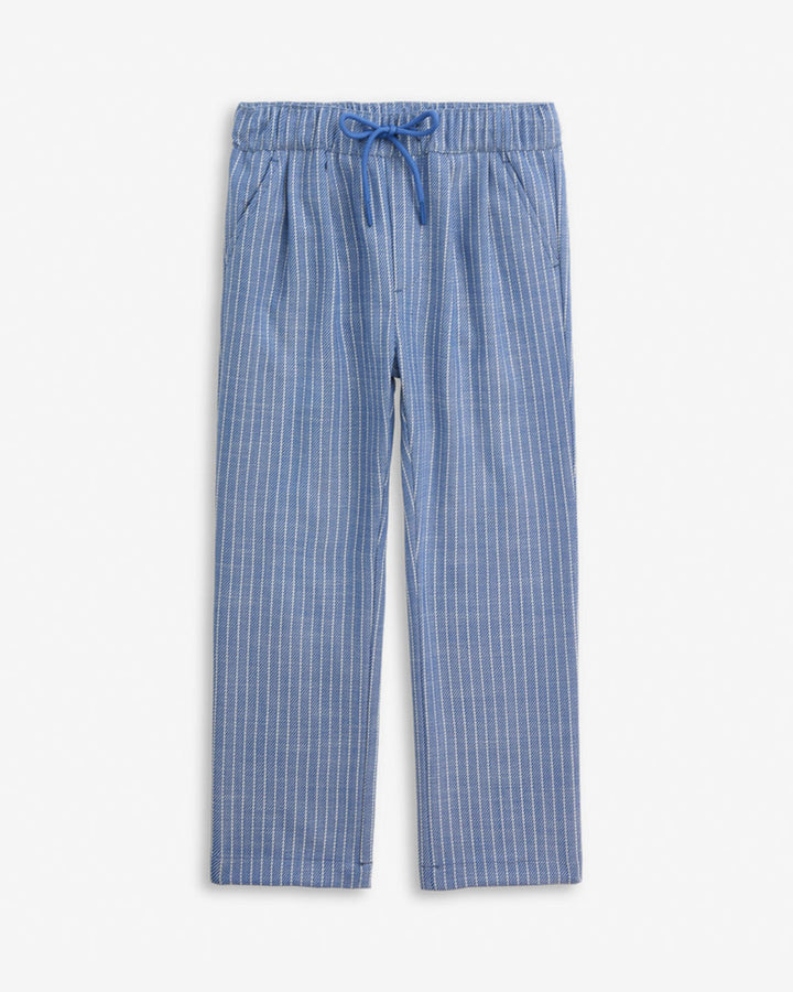 Blue striped pants with a drawstring on a white background
