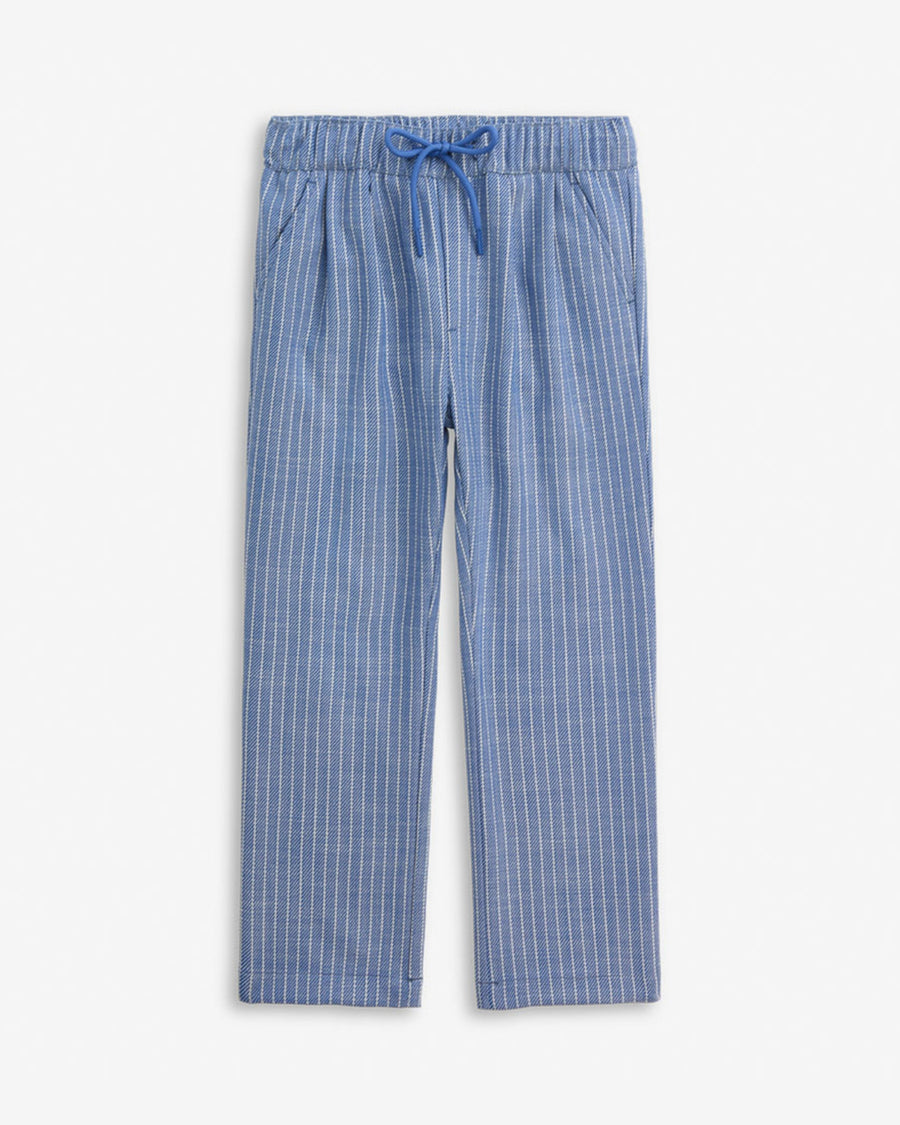 Blue striped pants with a drawstring on a white background