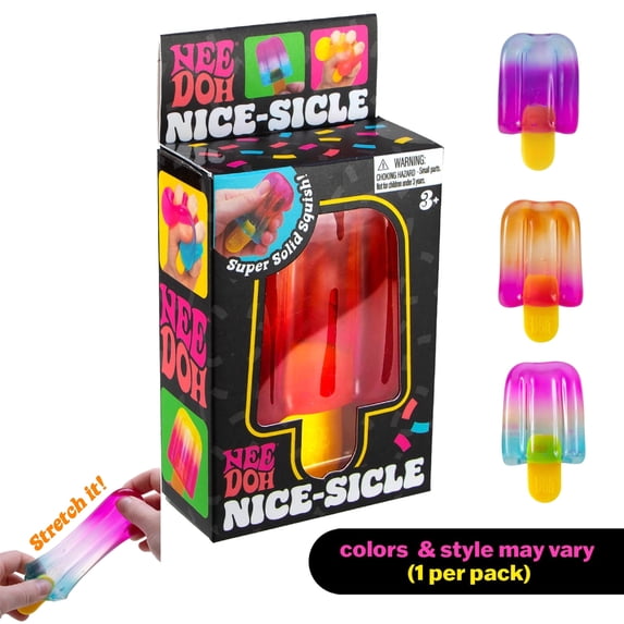 Box of Nee Doh Nice-Sicle with colorful ice cream-shaped toys and a hand stretching one of them.