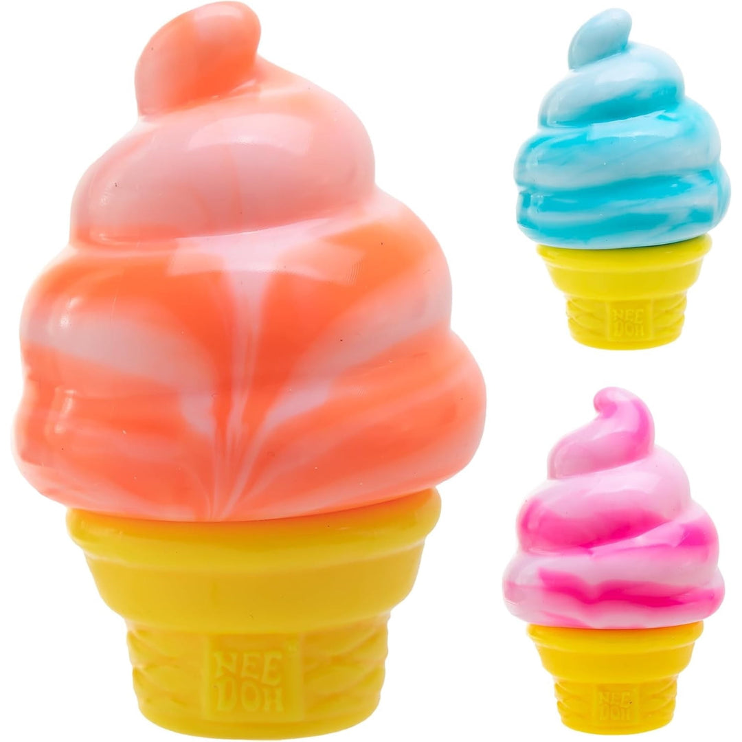 Three colorful ice cream cone-shaped items on a white background