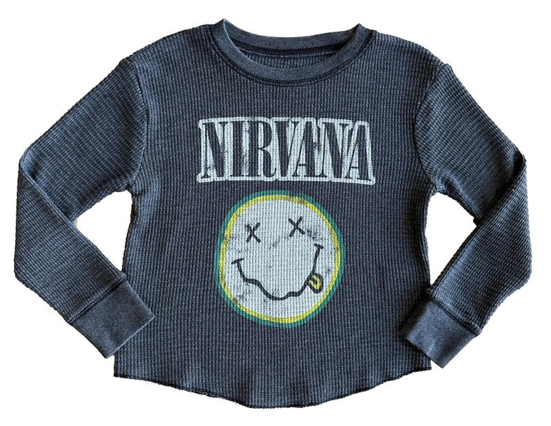 Rowdy Sprouts Long Sleeve Crewneck Thermal Top featuring Nirvana Band Logo with Smiling Face for kids.