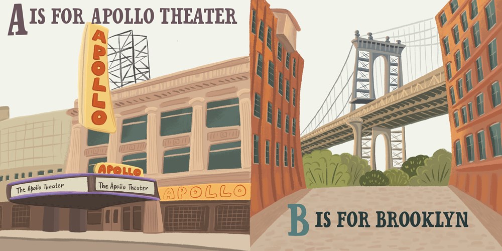 Illustration of the Apollo Theater in Brooklyn with a bridge in the background