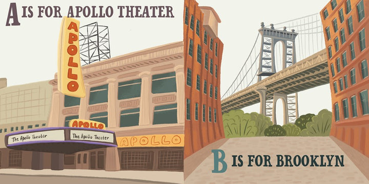 Illustration of the Apollo Theater in Brooklyn with a bridge in the background