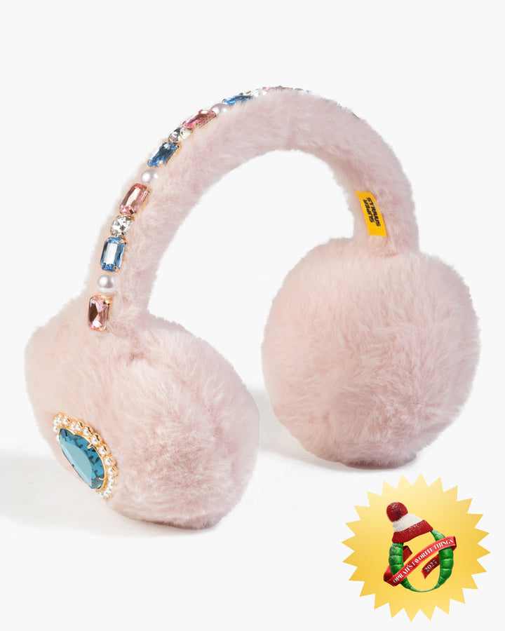 Pink ear muffs with gemstone accents on a white background