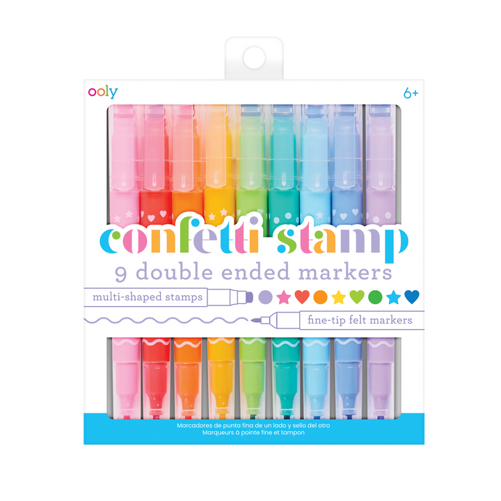 Packaging of Ooly confetti stamp markers with colorful markers inside