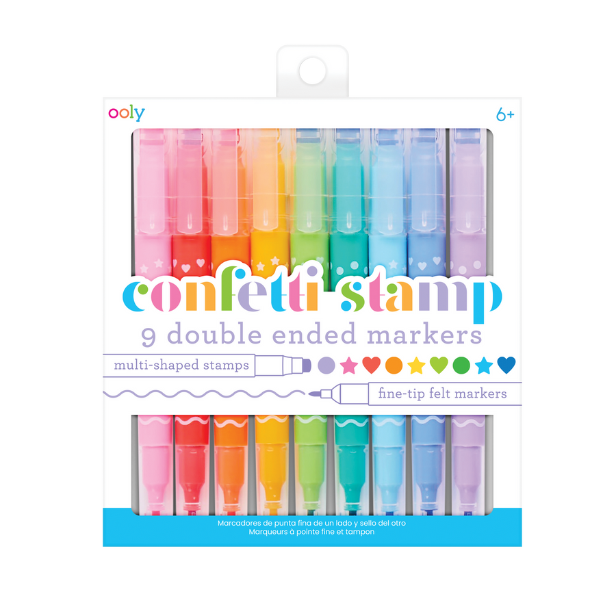 Packaging of Ooly confetti stamp markers with colorful markers inside