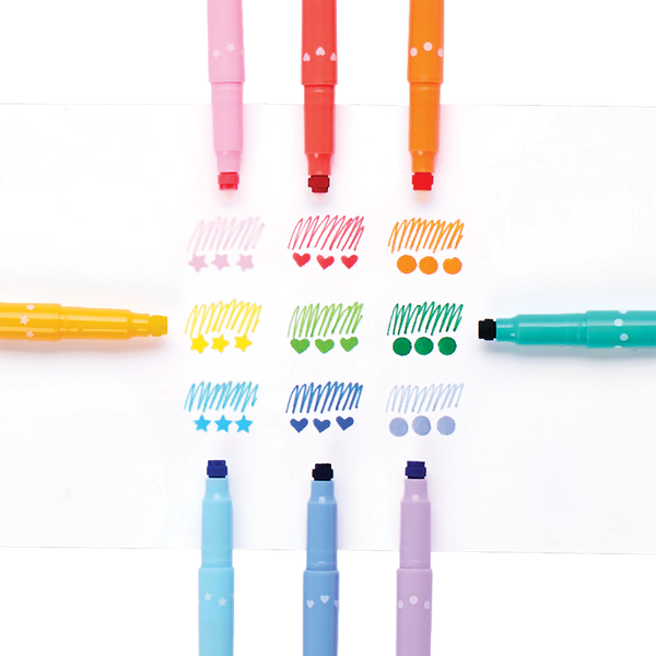 Set of colorful markers with sample designs on a white background