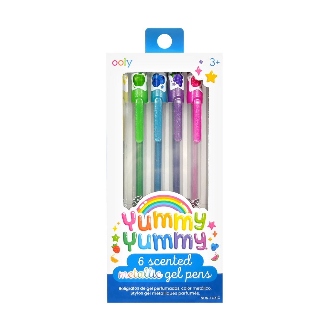 Pack of Yummy Yummy scented gel pens with colorful packaging on a white background