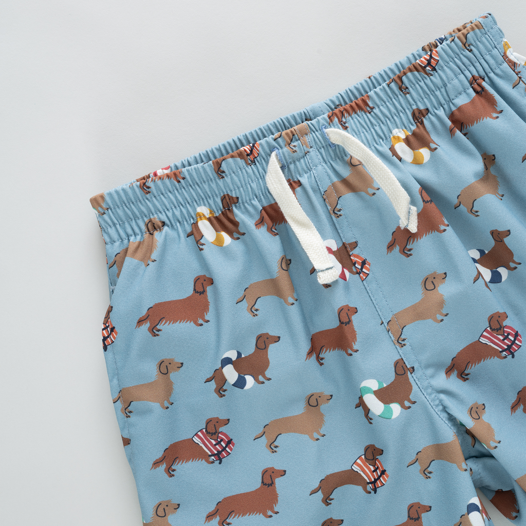 Blue swim briefs with dachshund dog pattern on a light gray background