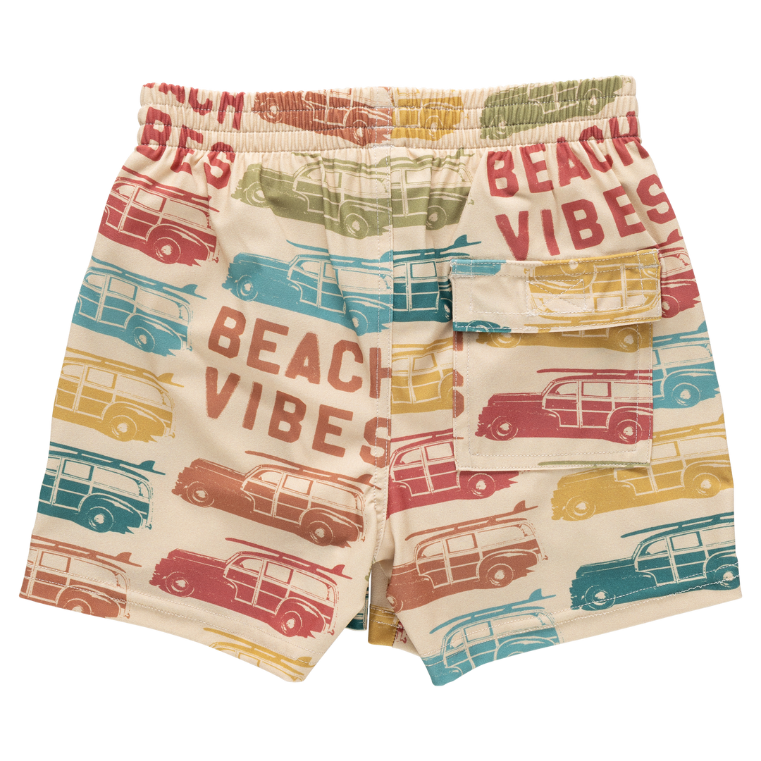 Beach-themed shorts with vintage car design and 'Beach Vibes' text on a white background