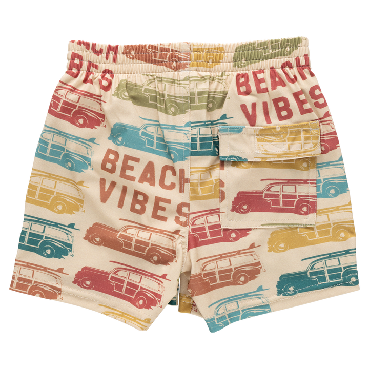 Beach-themed shorts with vintage car design and 'Beach Vibes' text on a white background