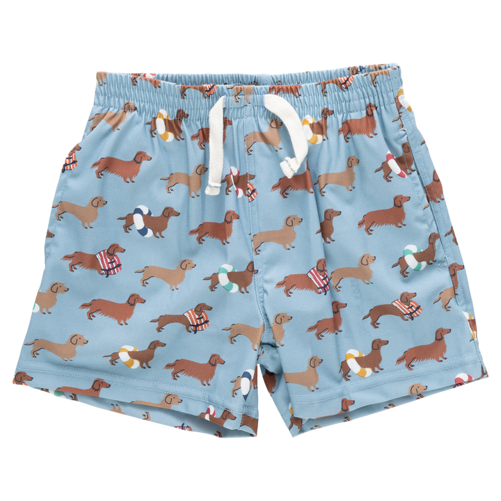 Blue shorts with dachshund pattern on a white background