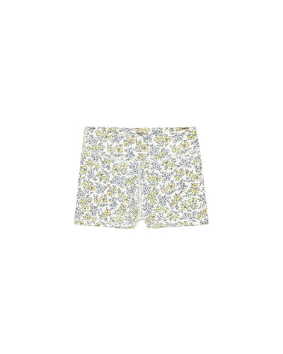 spandex shorts with a pastel floral pattern in yellow and blue flowers. 