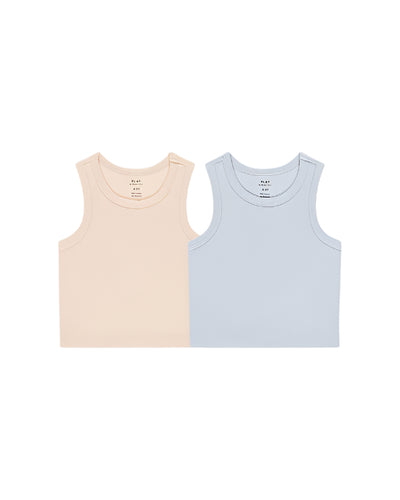 set of 2 ribbed girls tanks, one blue and one beige/shell color. both with scoop necks. 