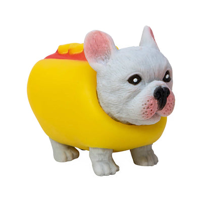 gray french bulldog dressed as a hot dog