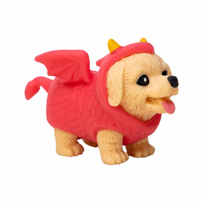 beige labradoodle dressed as a red dragon