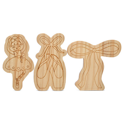 3 wooden pieces: ballerina, ballet shoes, and a bow