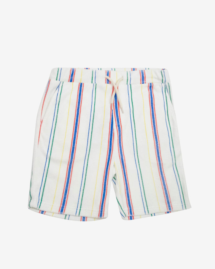 Multicolored striped shorts on a white background