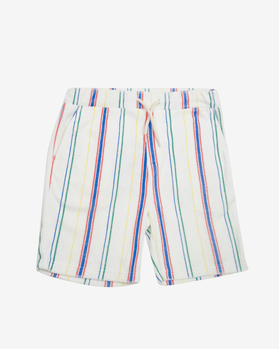 Multicolored striped shorts on a white background
