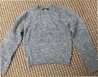 Long Sleeve Crew Neck Flowers by Zoe Sweater in Grey featuring White Pearls scattered throughout the sweater.