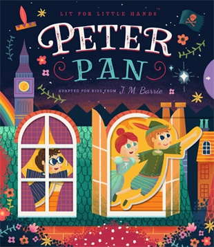 Children's book cover of 'Peter Pan' with colorful illustrations and a window scene.