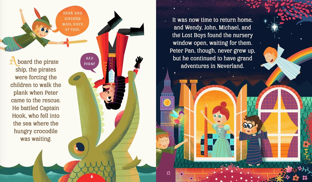 Illustrated book pages from a children's storybook featuring Peter Pan and Wendy.