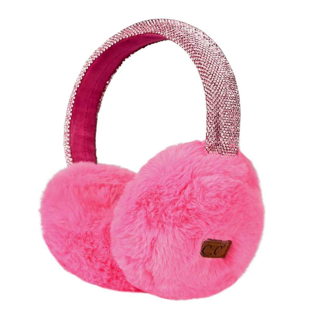 Hat | Rhinestone Adjustable Fuzzy Hot Pink Ear Muffs | Fashion City