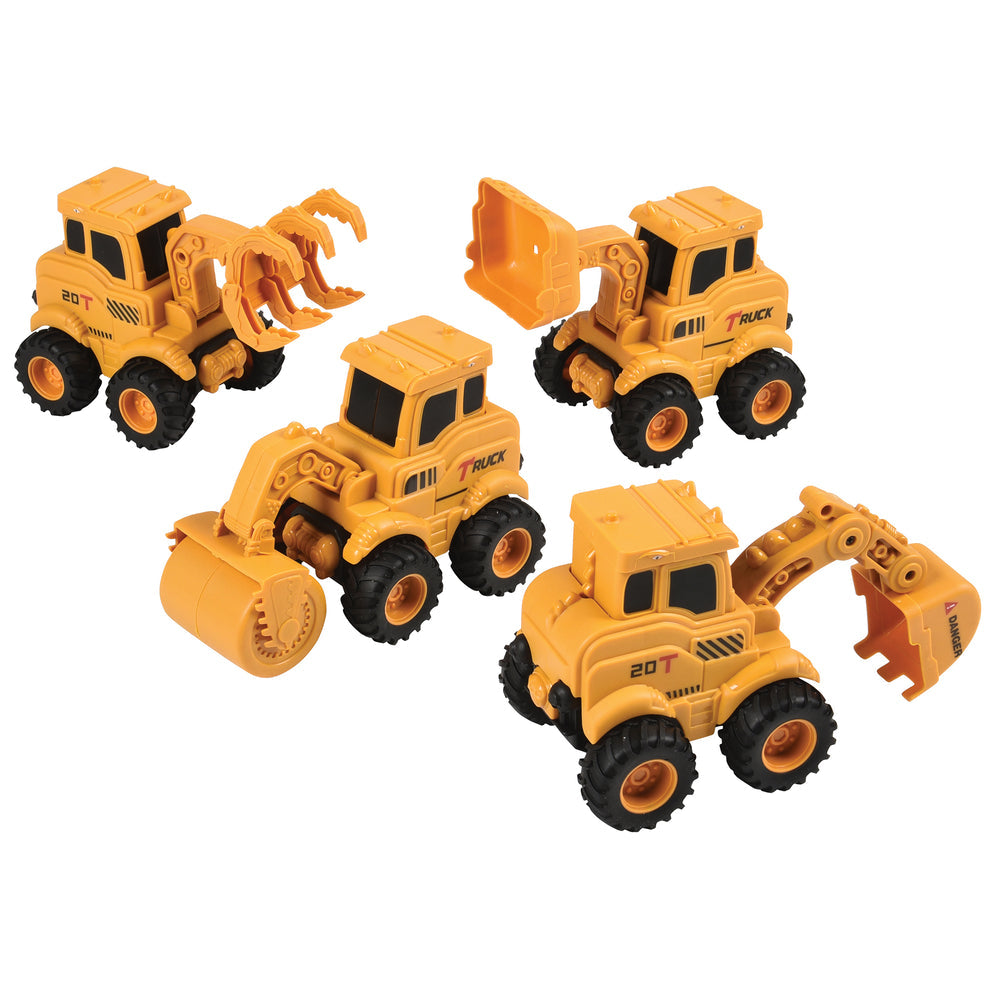 yellow press and go construction vehicles with digger attachments on the vehicles. 