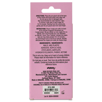 the back of the press on nails box with directions and ingredients of the nail. 