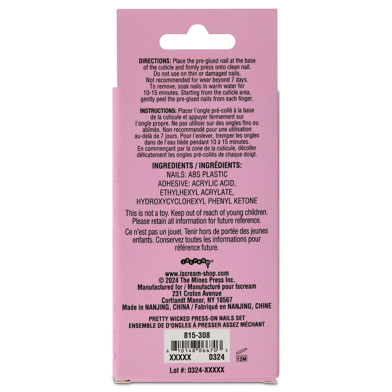 the back of the press on nails box with directions and ingredients of the nail. 