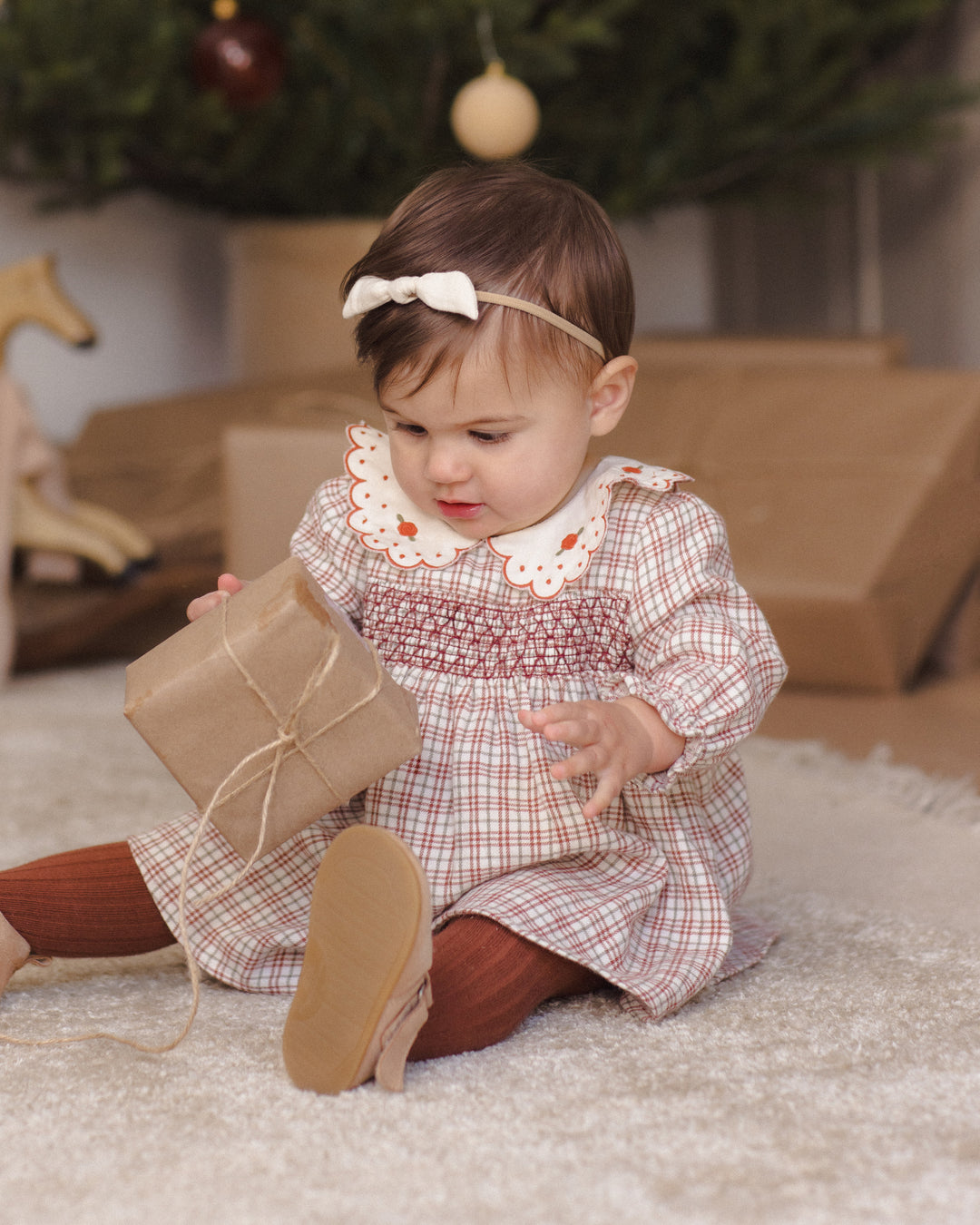 baby wearing a holiday plad dress 