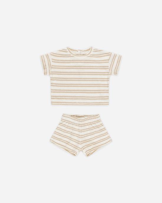 oat stripe terry cloth set, short sleeve top and shorts. 
