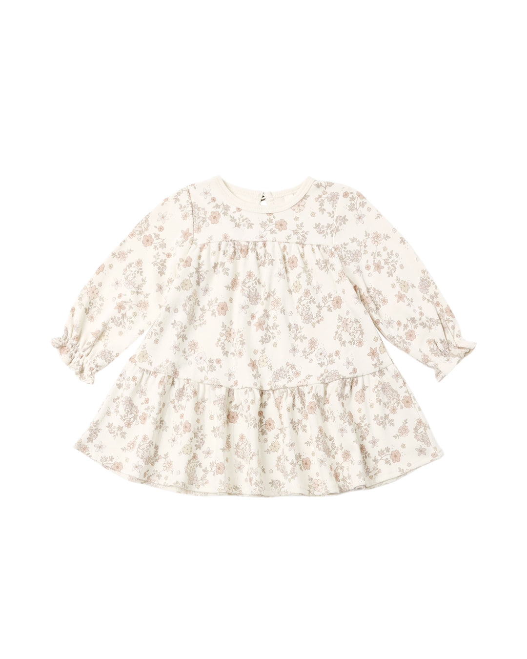A long-sleeve baby dress with a tiered ruffle hem, featuring a delicate beige and brown floral pattern on a warm cream background.