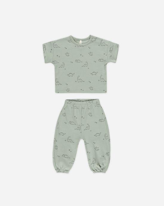 2 piece green set, short sleeve shirt and pants. green color with tiny dinos all over it. 