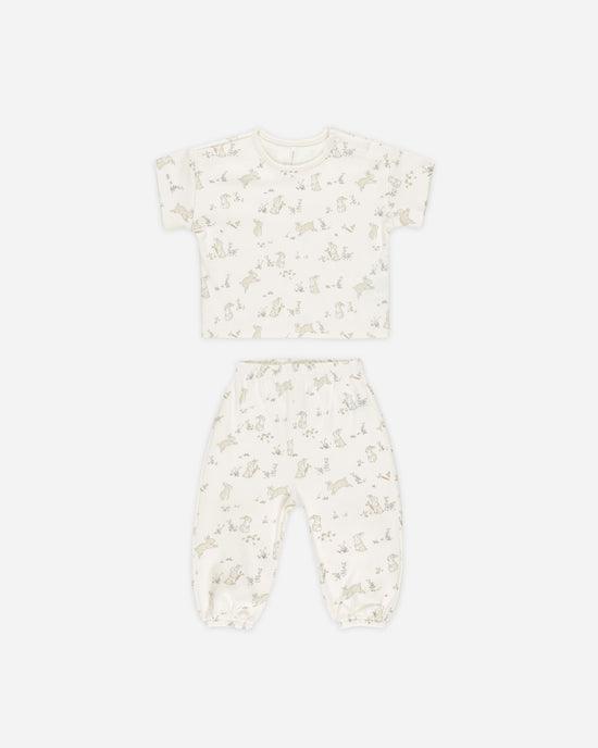 2 piece cotton set, short sleeve top and pants with tiny bunnies jumping around on the set. 
