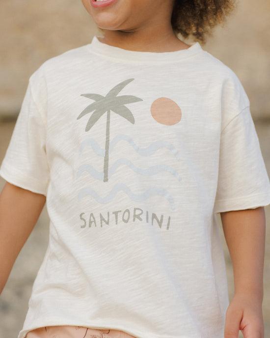 relaxed fit tee shirt with the word 'santorini' writte across it 