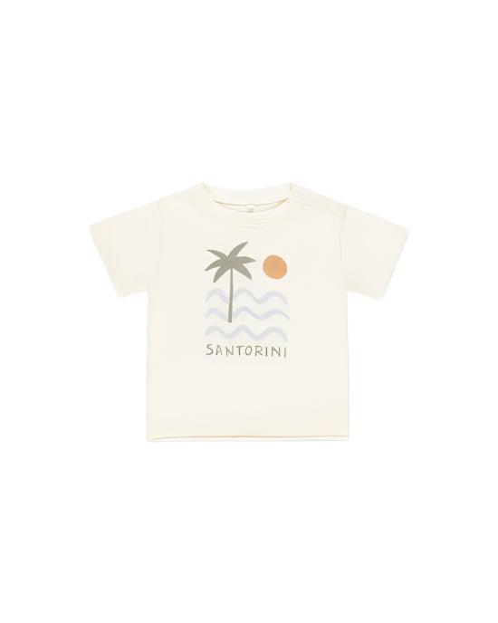 raw edge tee shirt with graphic design of palm tree, sun and waves