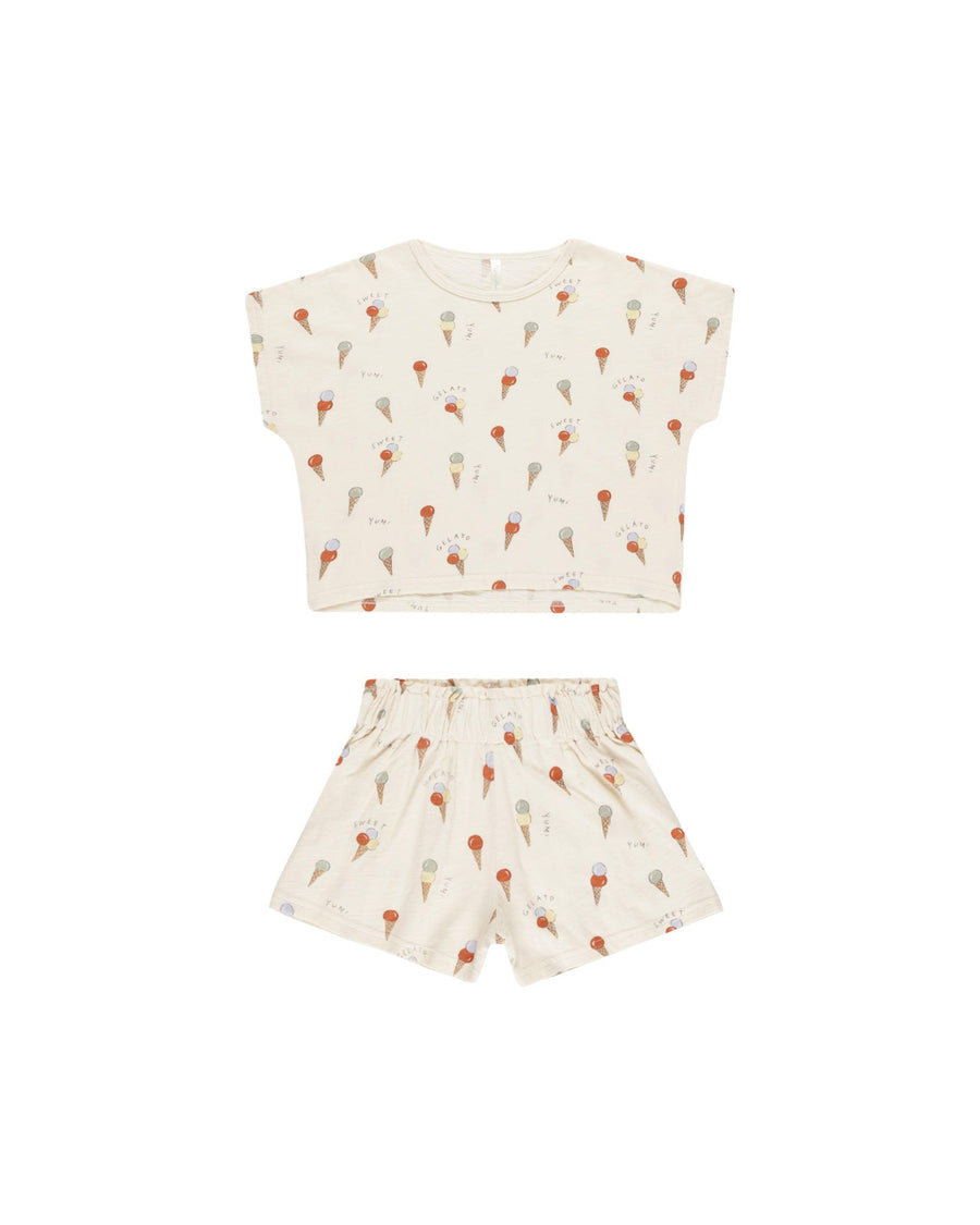 Rylee and Cru Gelato Raglan Tee and Short Set for Toddler Girls and Girls. It is a Gelato Print on Natural Colorway.