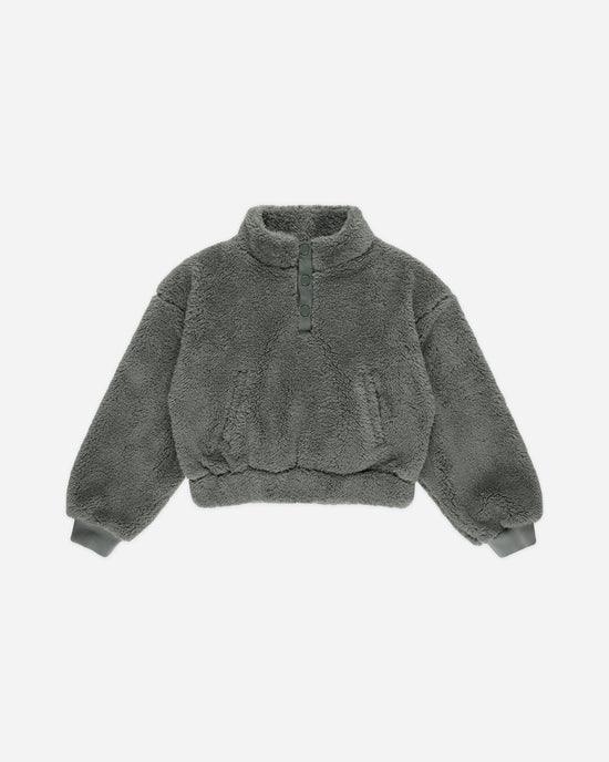 forest green fleece, 3/4 zip with hidden pockets. 
